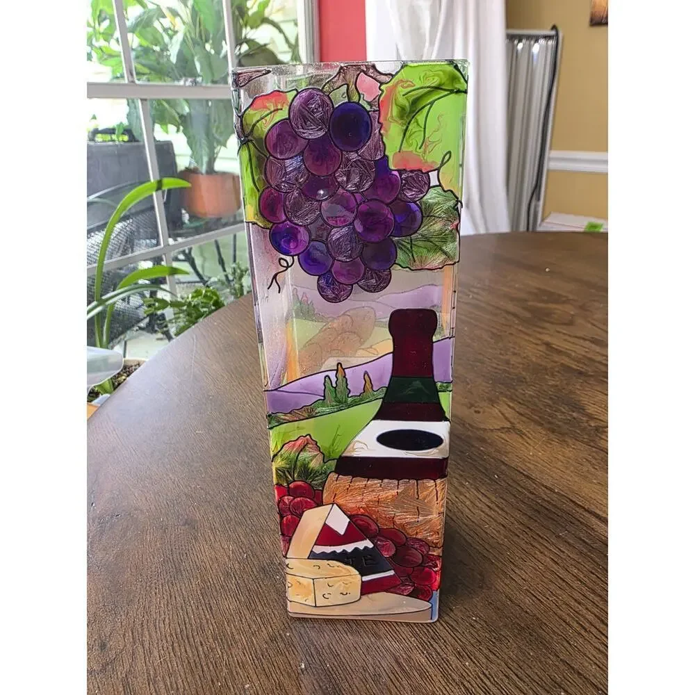 Joan Baker Hand Painted Wine & Cheese Glass Vase 10